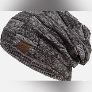 REDESS Basket Weave Faux Fur Lined Slouchy  Gray Knit Beanie